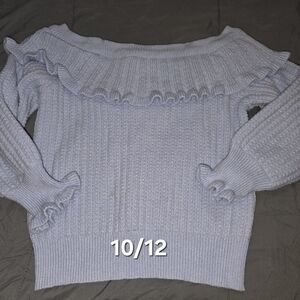Girls Off-Shoulder Ruffle Sweater - Light Blue. Youth 10
